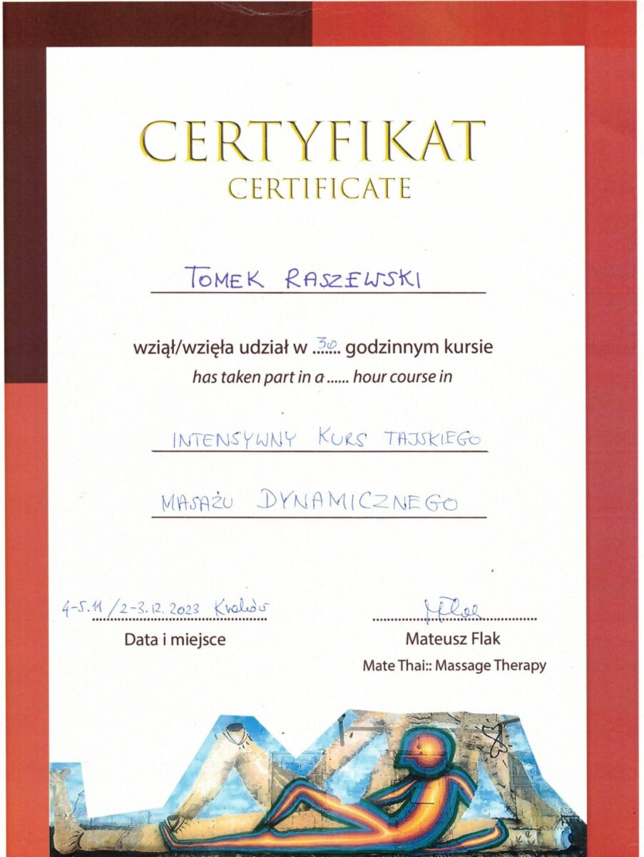 Zdjęcie przedstawia certyfikat ukończenia kursu dynamicznego masażu tajskiego.