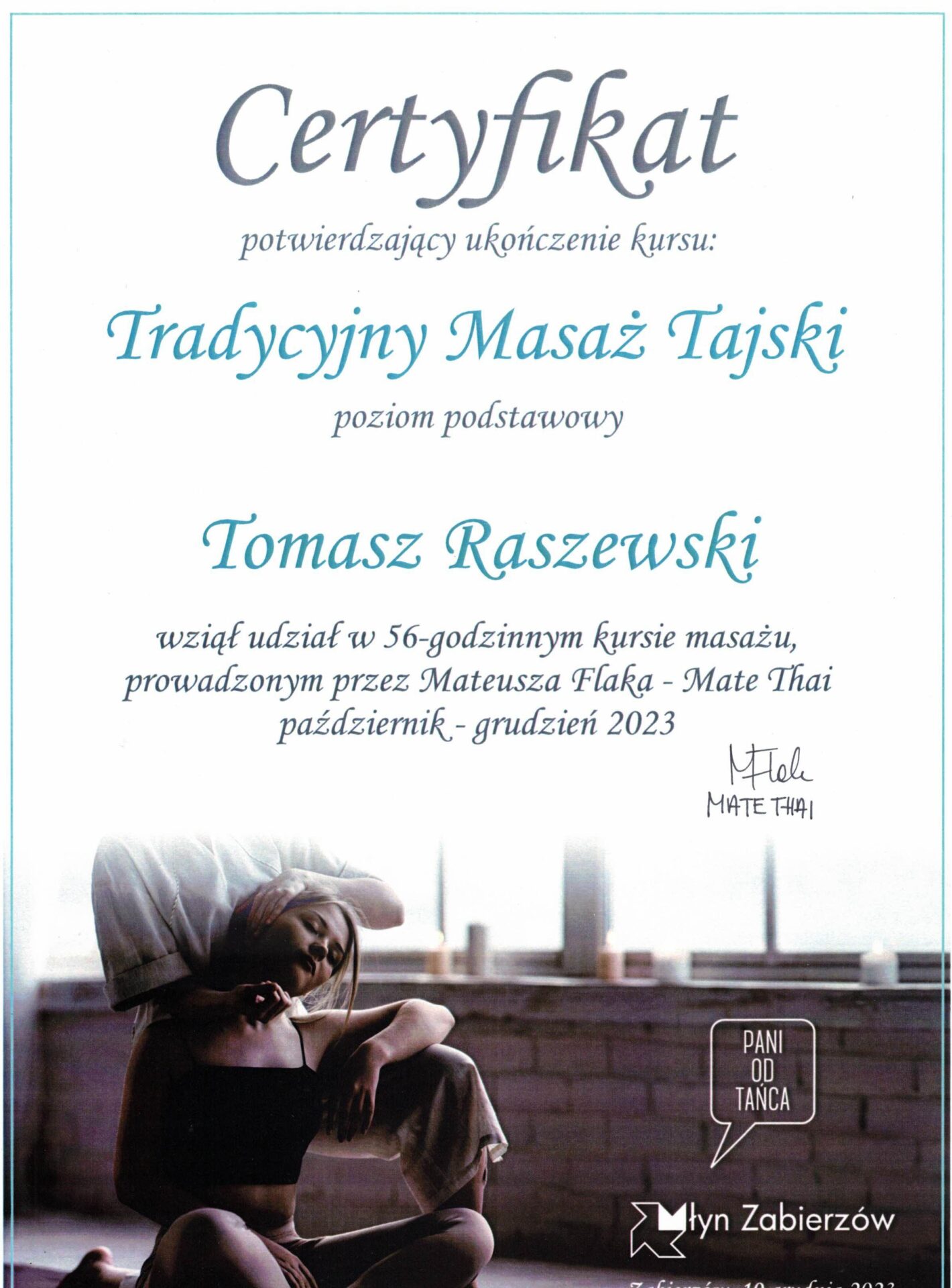 Zdjęcie przedstawia certyfikat ukończenia kursu masażu tajskiego.