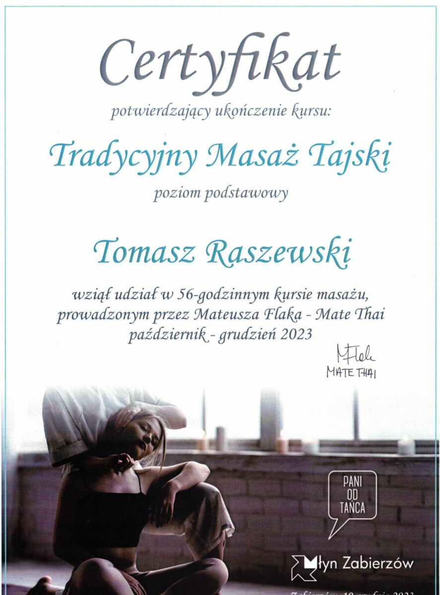 Zdjęcie przedstawia certyfikat ukończenia kursu masażu tajskiego.