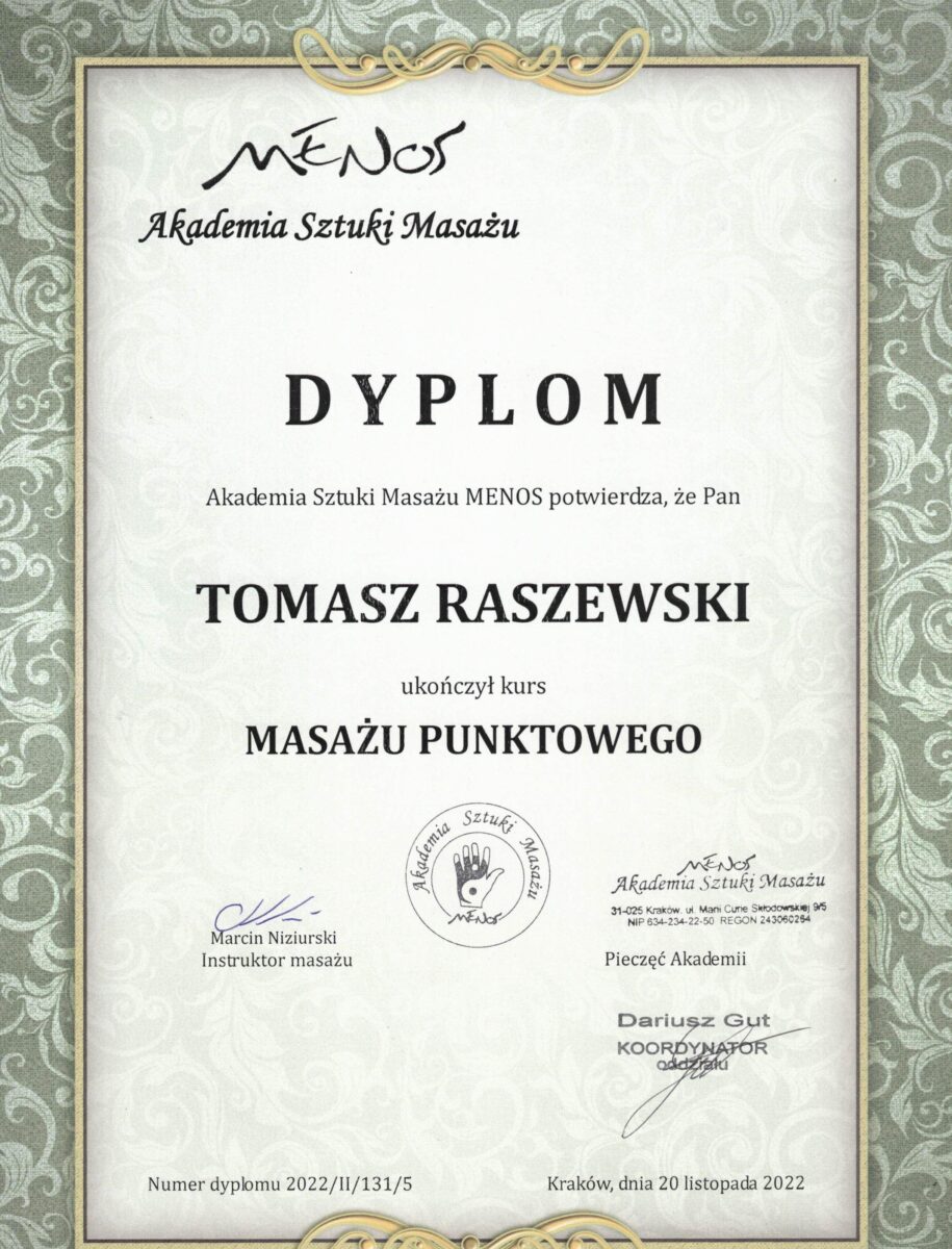 Zdjęcie przedstawia certyfikat ukończenia kursu masażu punktów spustowych.